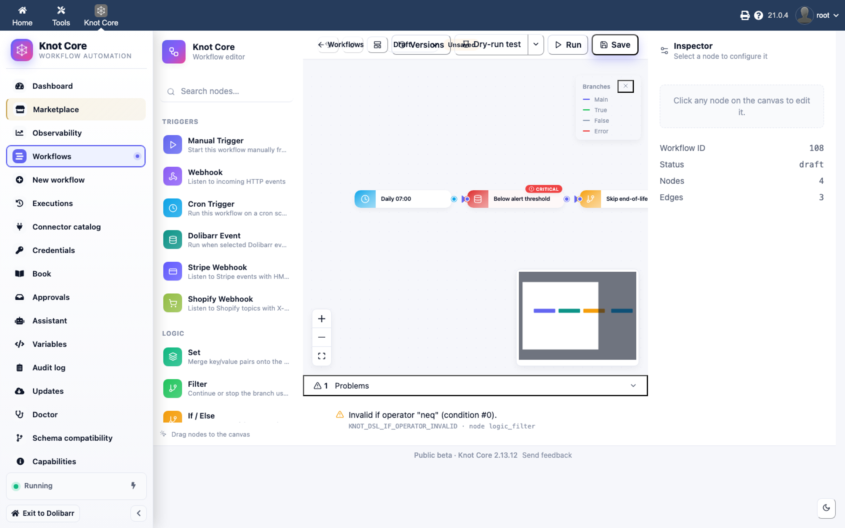 Workflow Knot — alerte stock bas (Cron, SQL, Logique, E-mail)