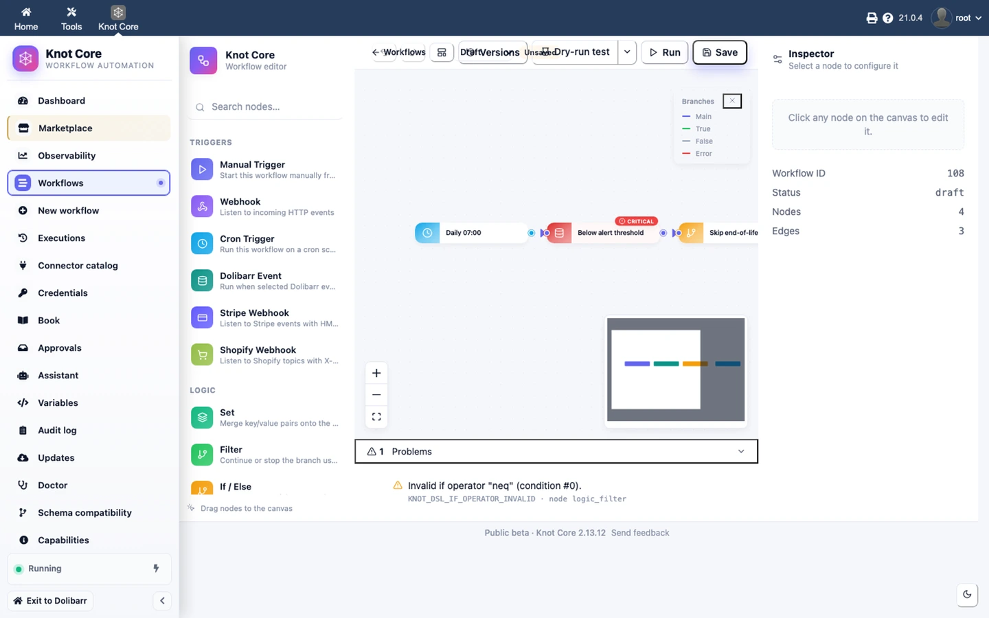 Workflow Knot — alerte stock bas (Cron, SQL, Logique, E-mail)