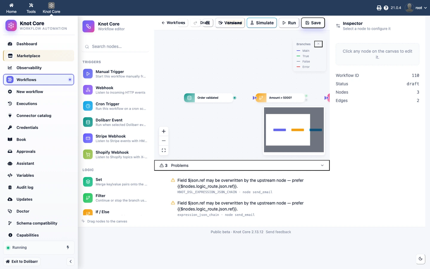 Knot workflow — new order email notification (Object event, Logic, Email)