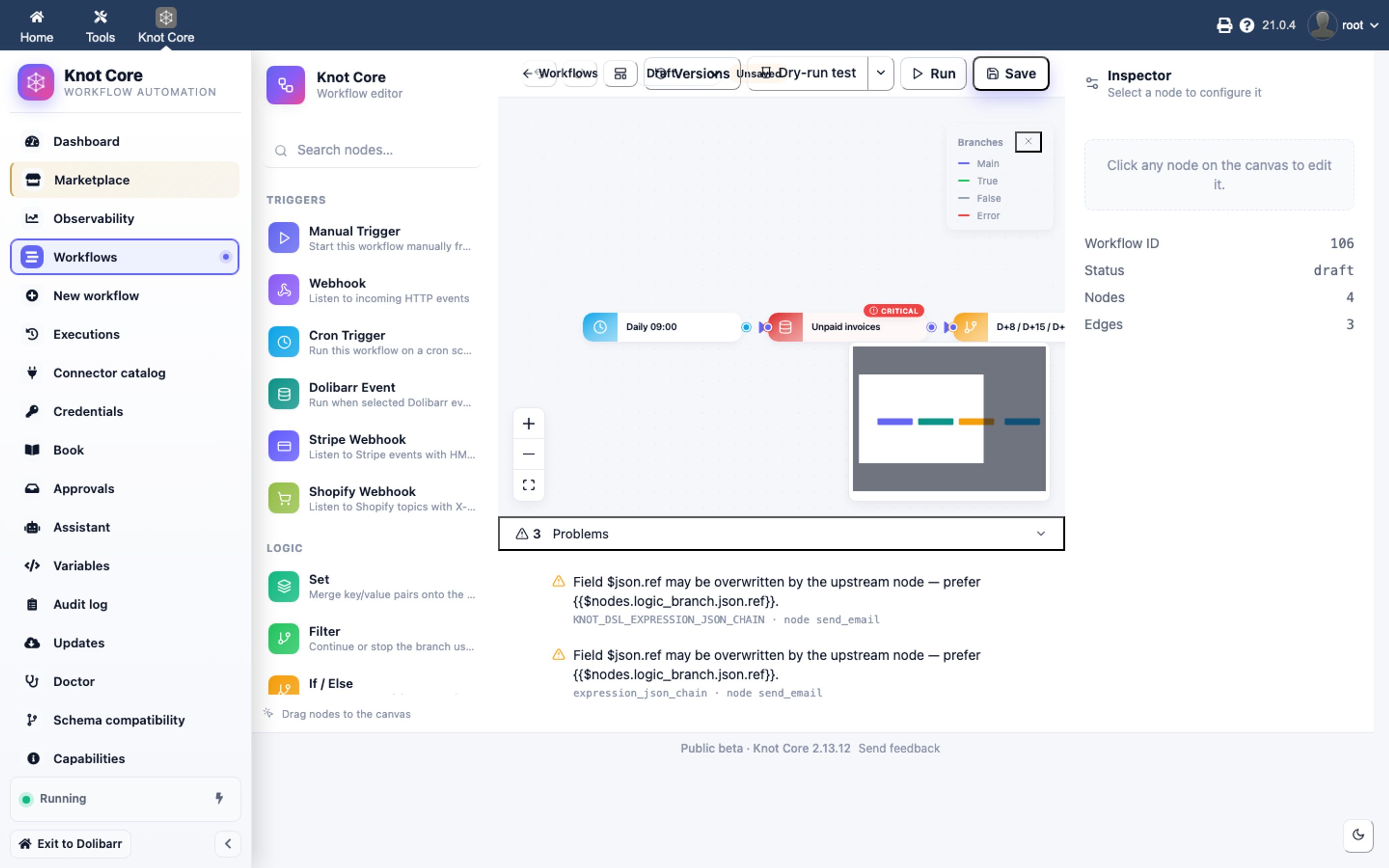 Workflow Knot — relances factures impayées (Cron, SQL, Logique, E-mail)