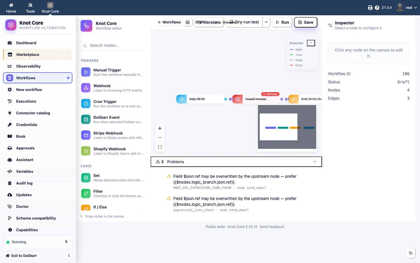 Workflow Knot — relances factures impayées (Cron, SQL, Logique, E-mail)
