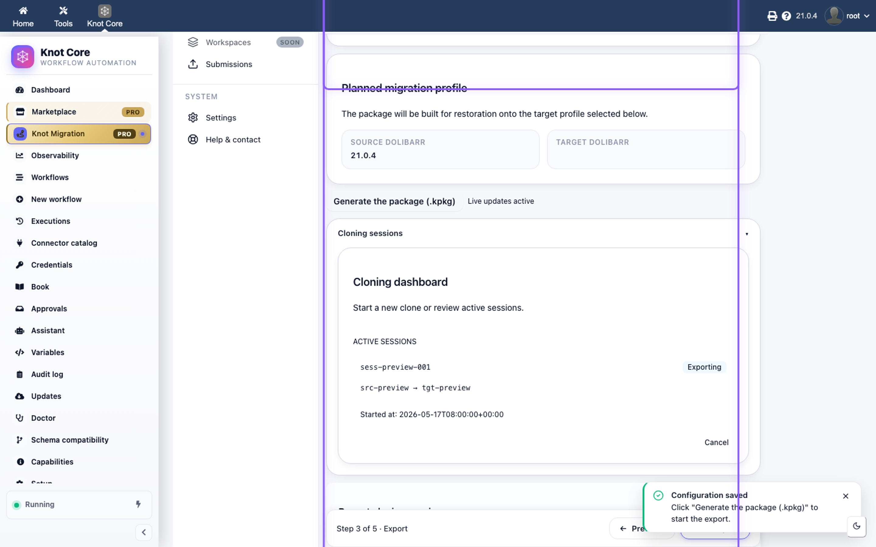 Assistant clonage — lancement export et résumé du package