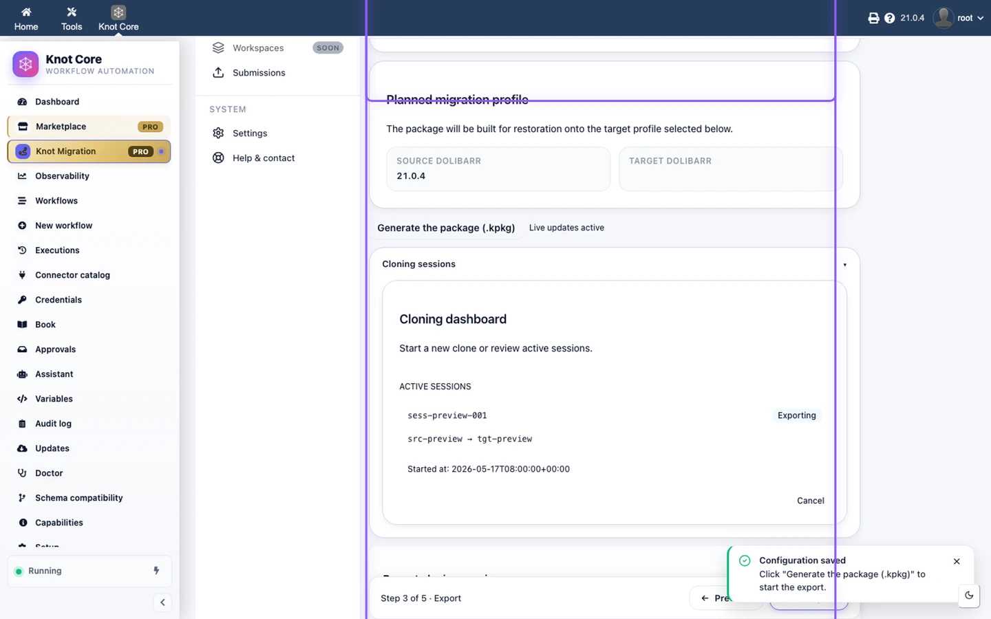 Assistant clonage — lancement export et résumé du package