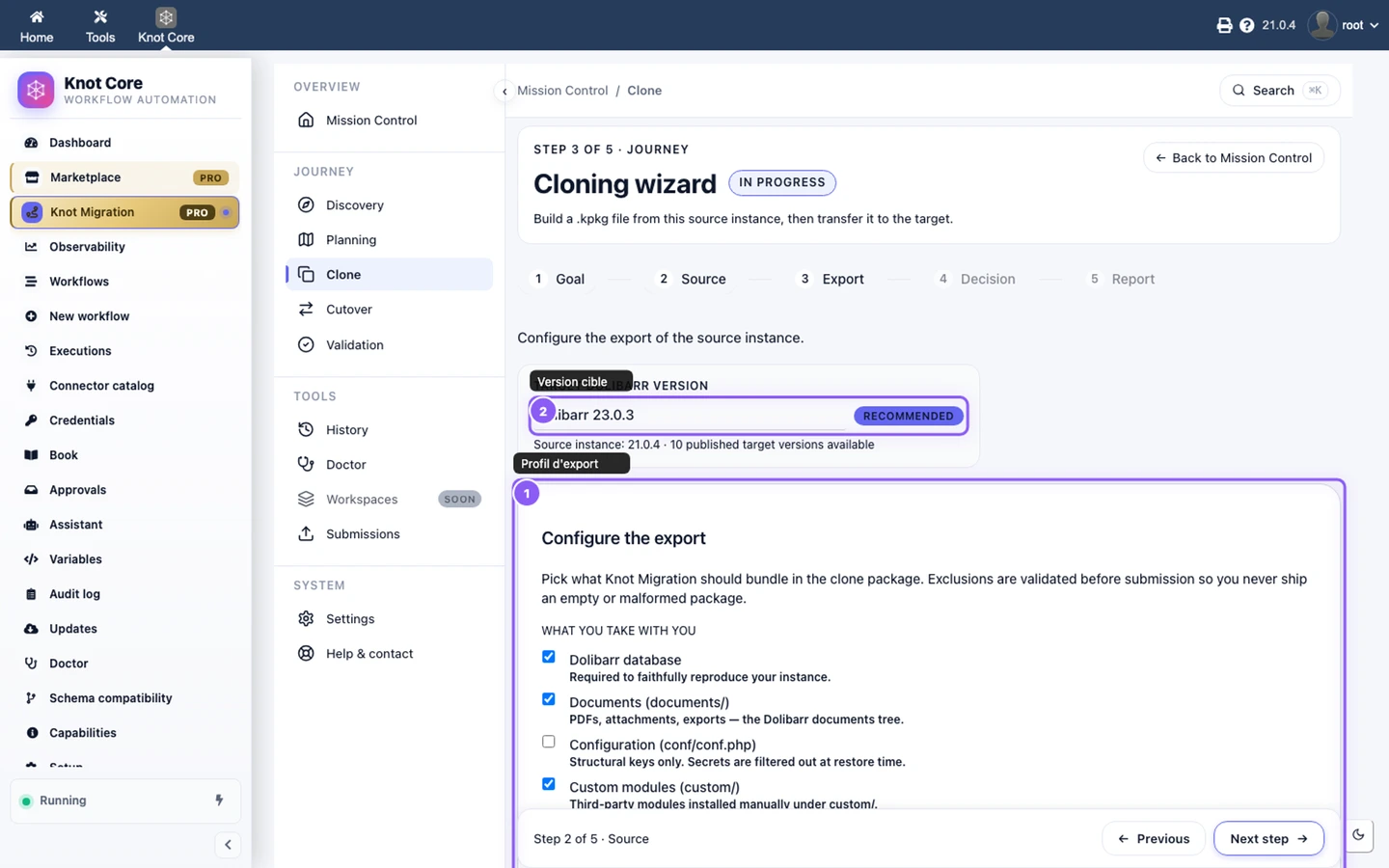 Assistant clonage — configuration de l'export