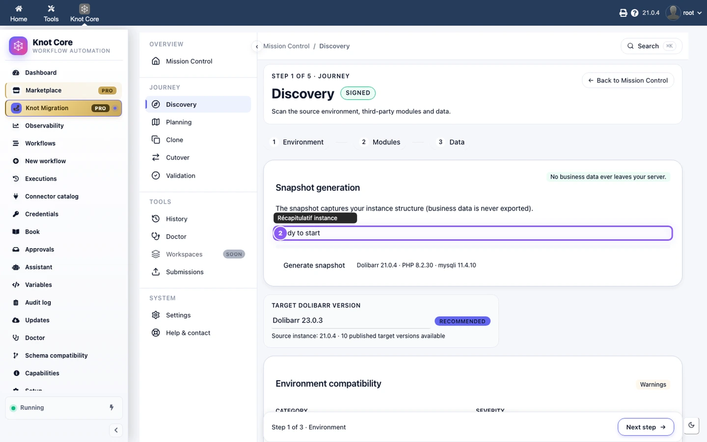 Génération snapshot Discovery — barre de progression et récapitulatif instance