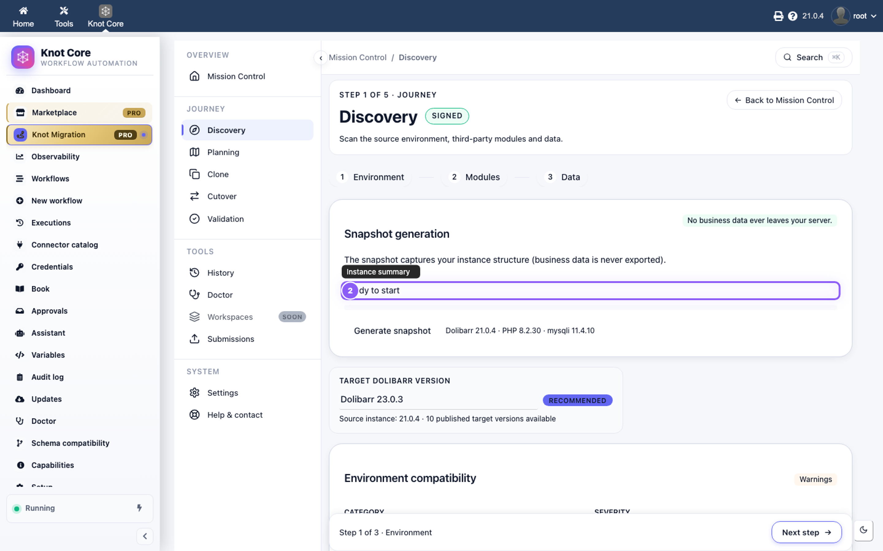 Discovery snapshot generation — progress bar and instance summary