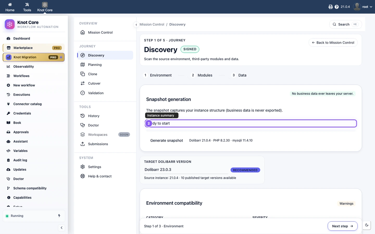 Discovery snapshot generation — progress bar and instance summary