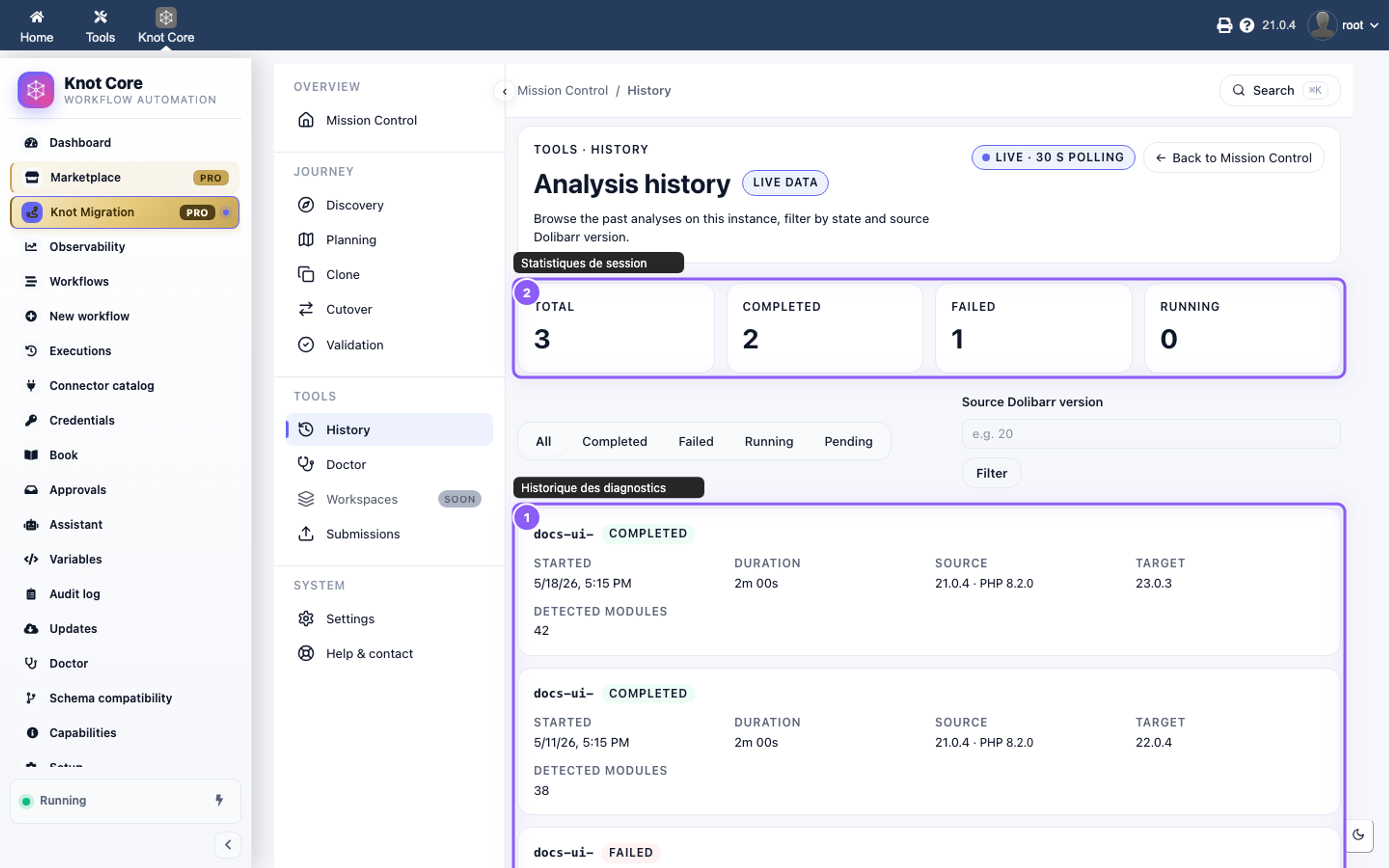 Historique Knot Migration — sessions de diagnostic et snapshots