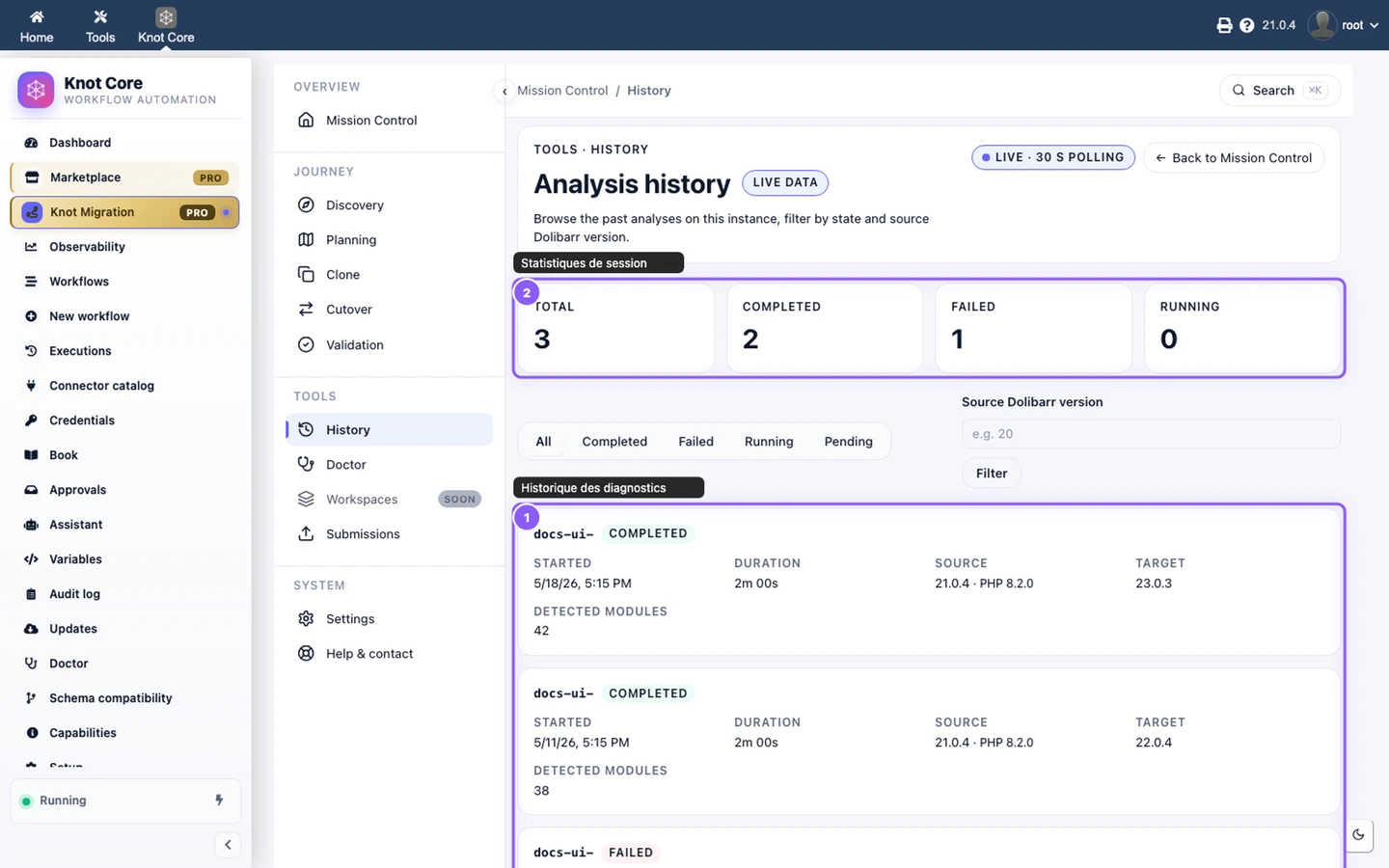 Historique Knot Migration — sessions de diagnostic et snapshots