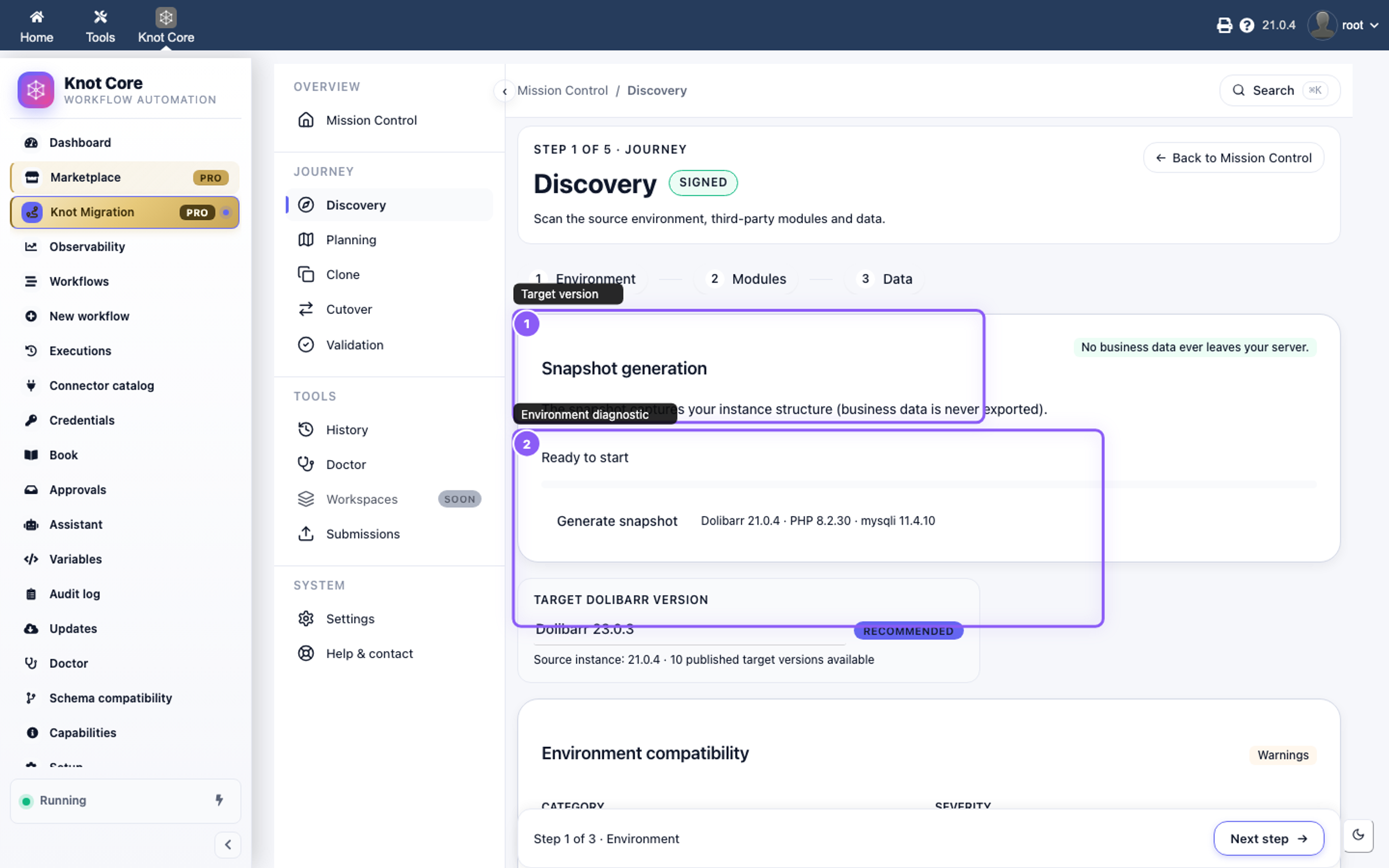 Knot Migration environment diagnostic — target version and compatibility report