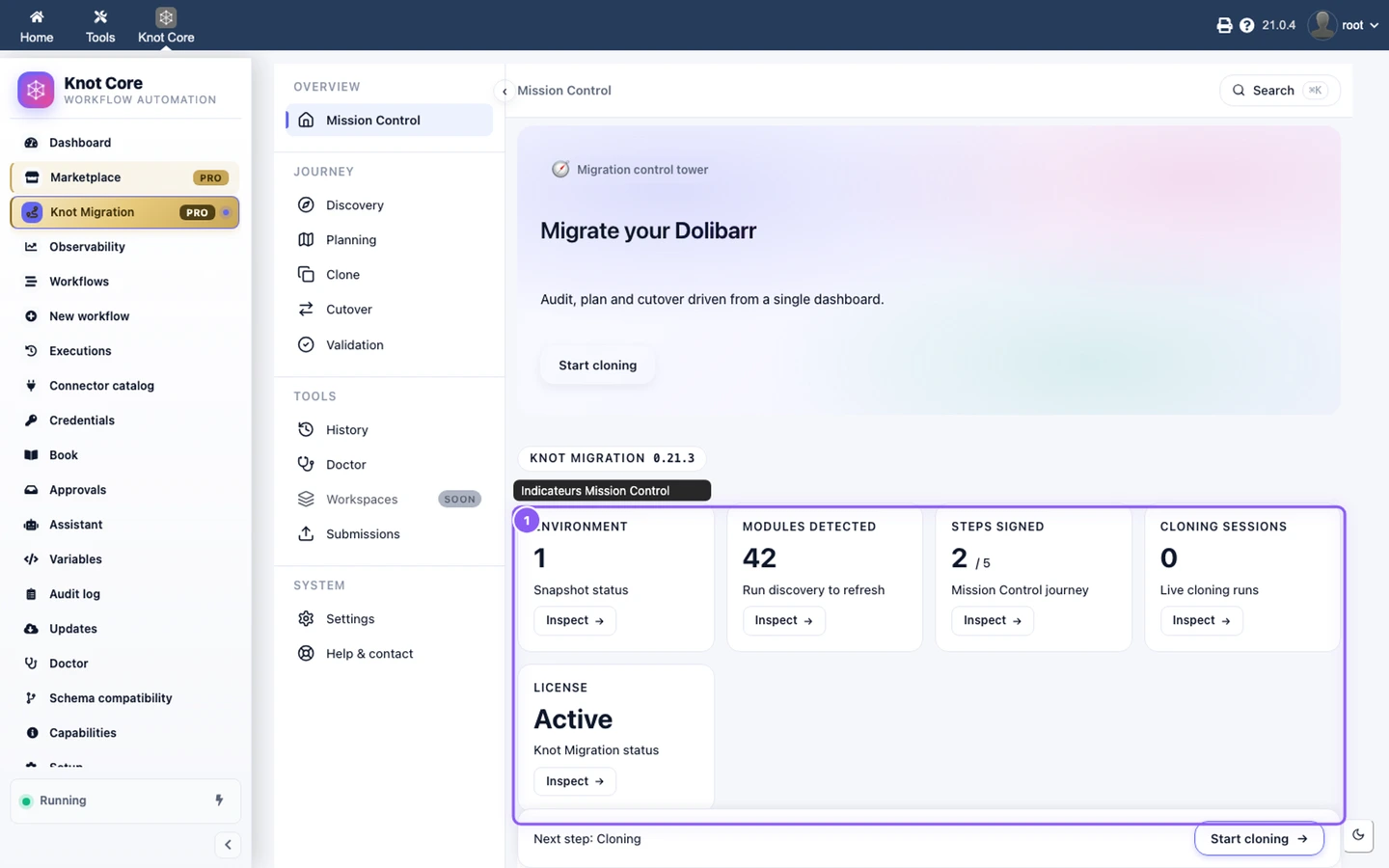 Mission Control Knot Migration — KPI, prochaine action et progression du parcours