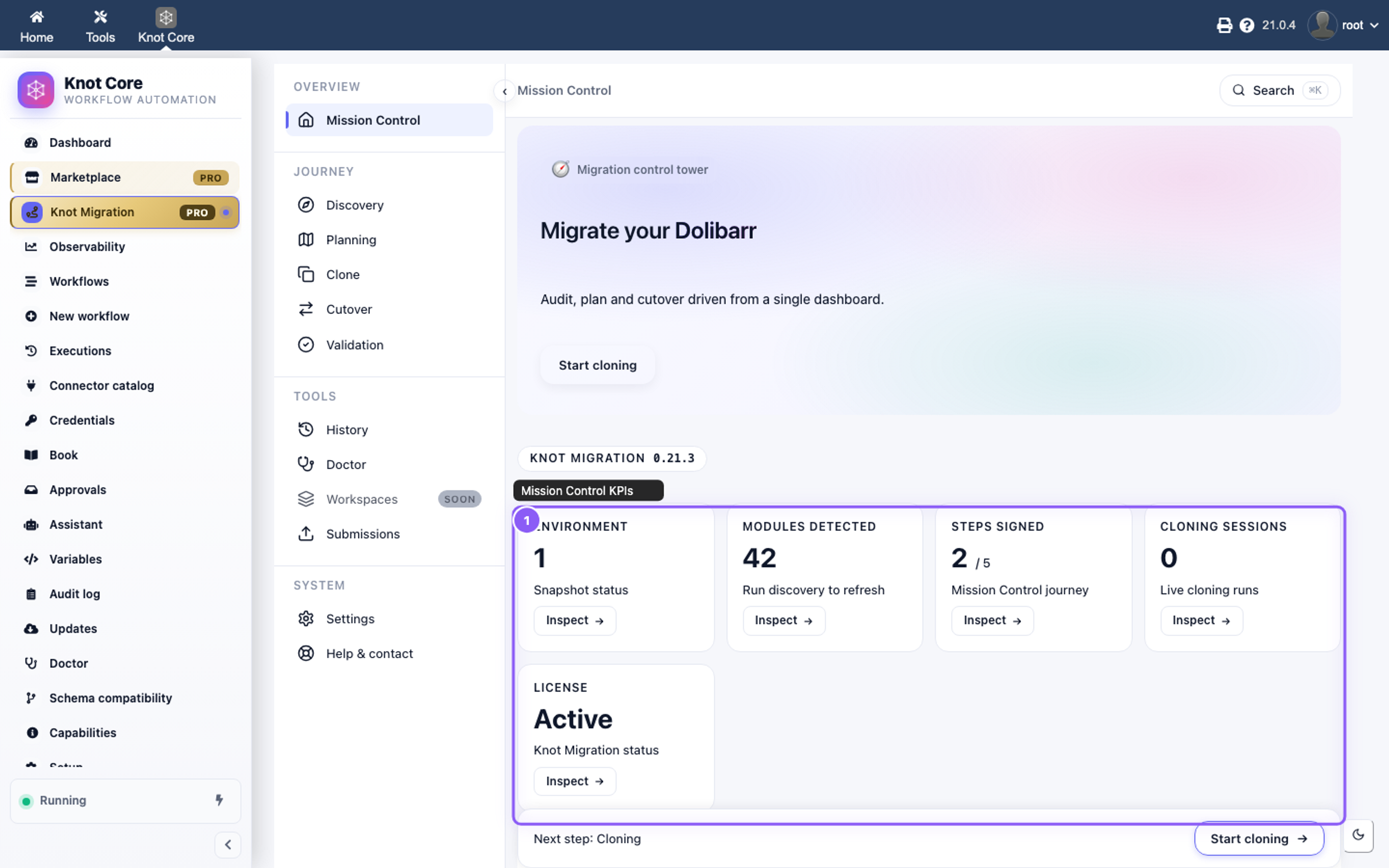 Knot Migration Mission Control — KPIs, next action, and journey progress