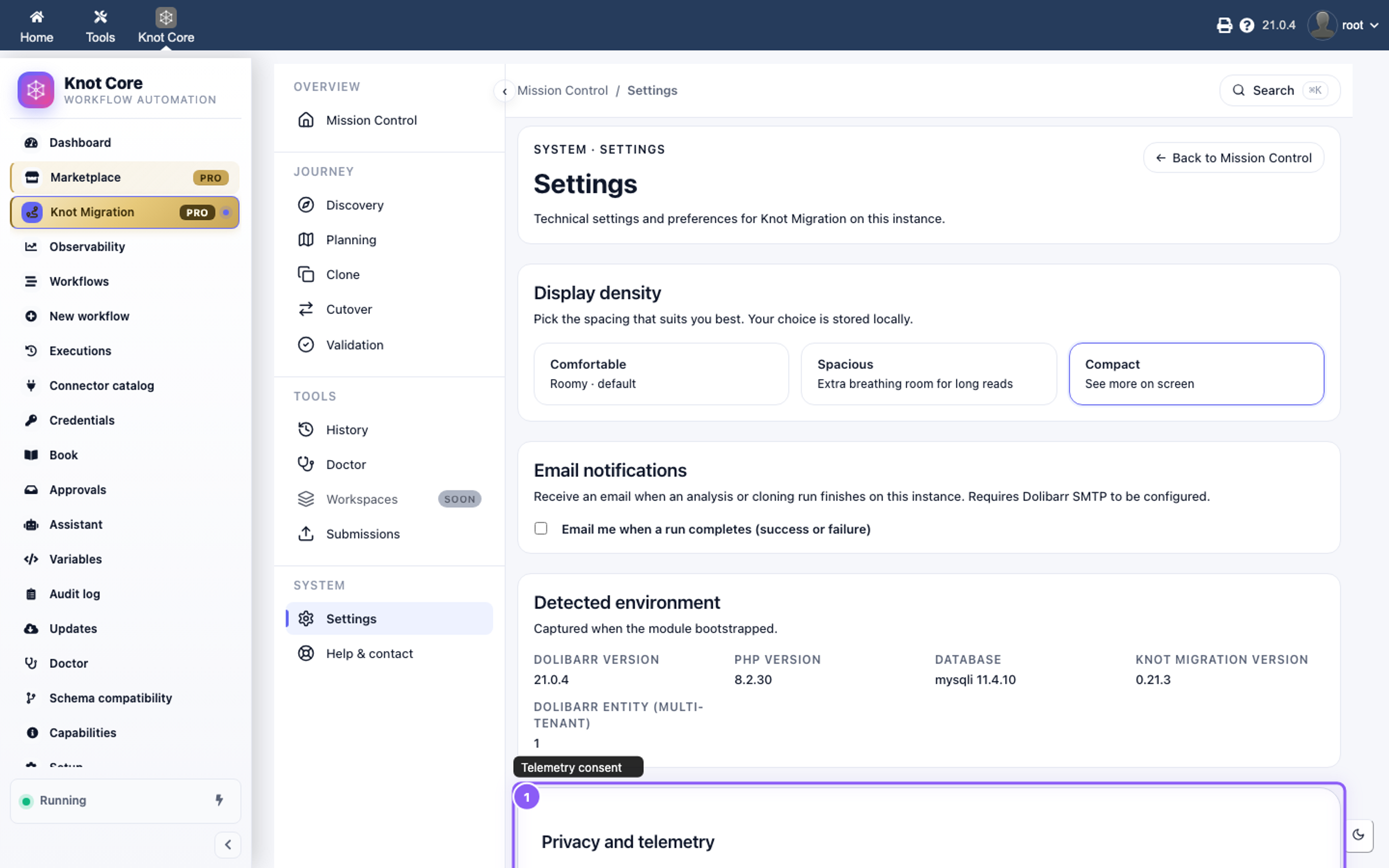 Knot Migration telemetry settings — consent levels