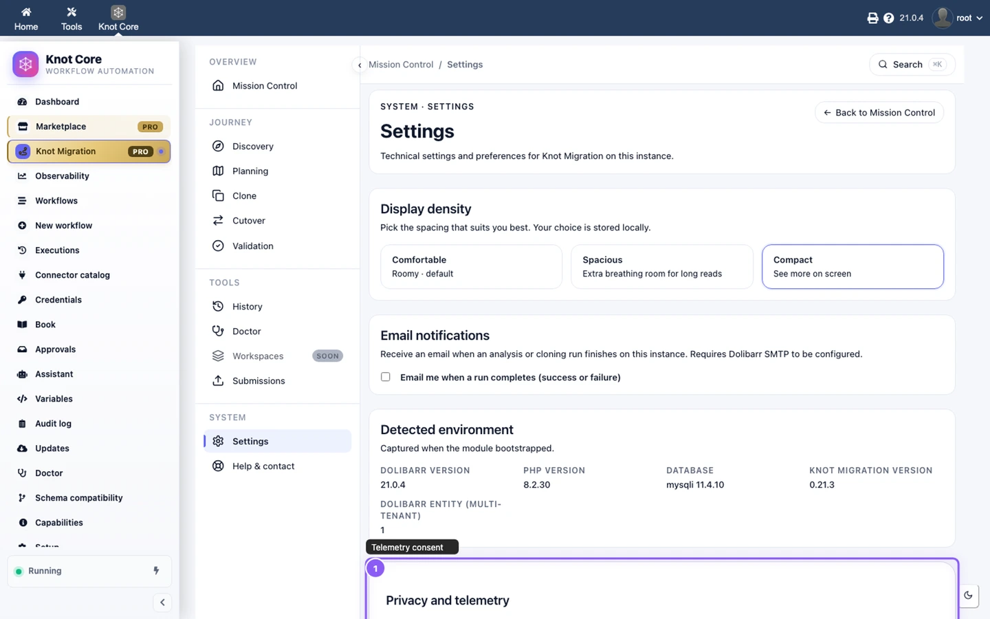 Knot Migration telemetry settings — consent levels