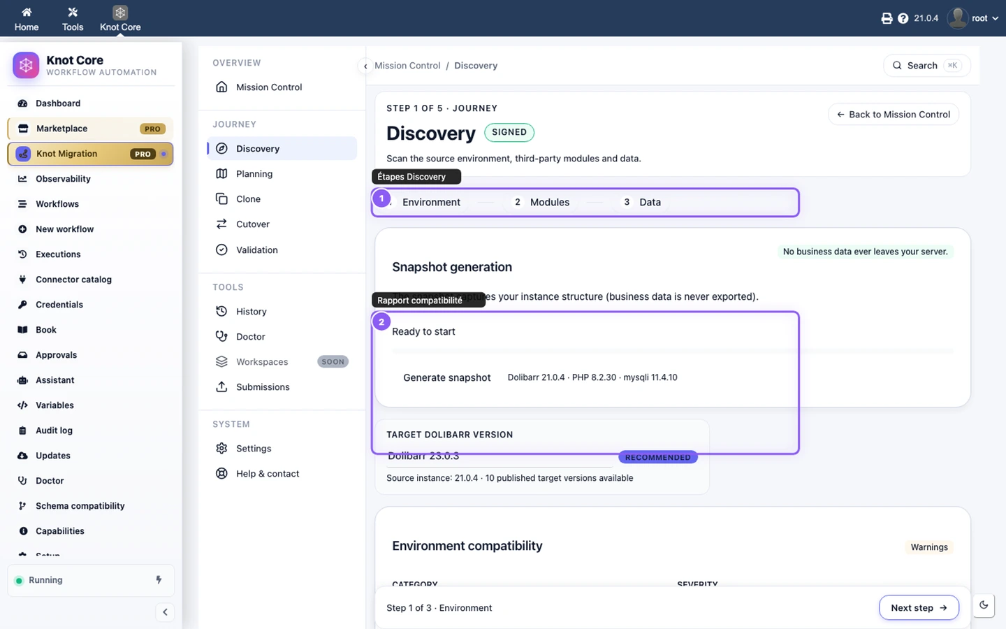 Parcours Discovery avec étapes et rapport de compatibilité environnement