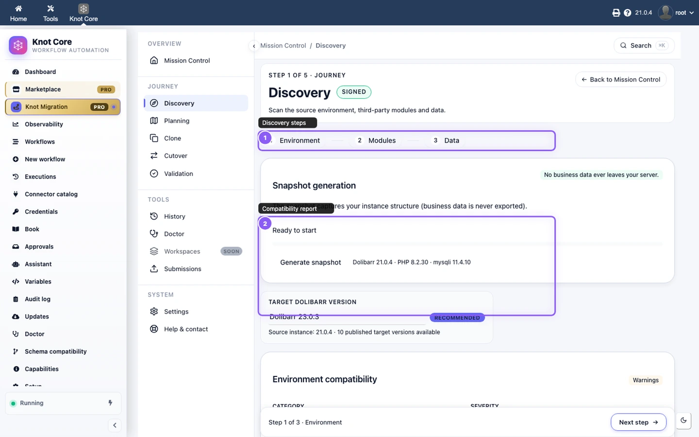 Discovery journey with steps and environment compatibility report