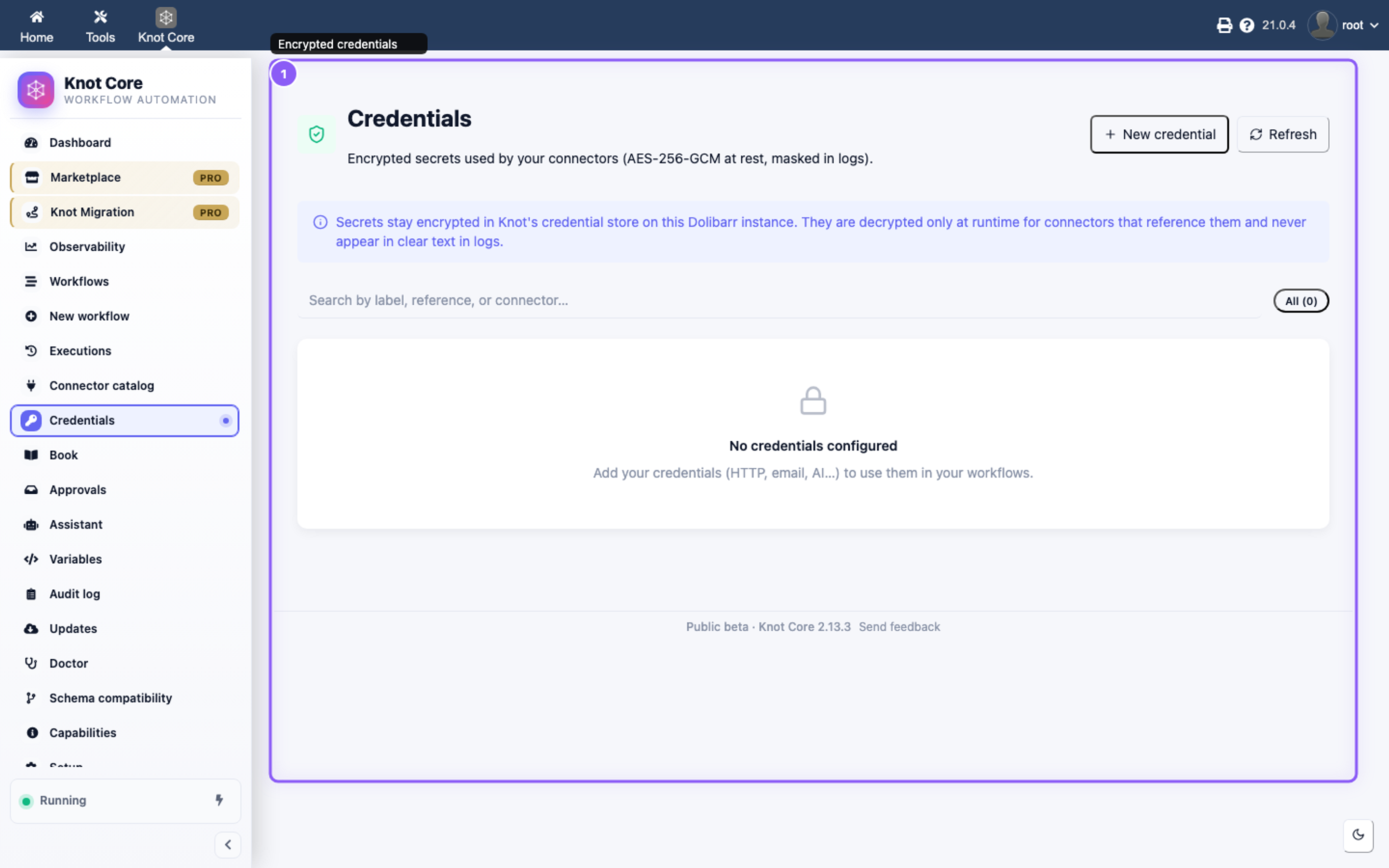 Credentials screen listing Knot encrypted secrets