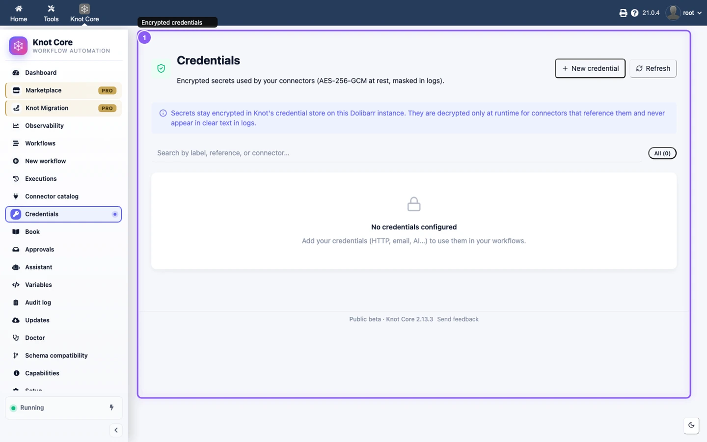 Credentials screen listing Knot encrypted secrets