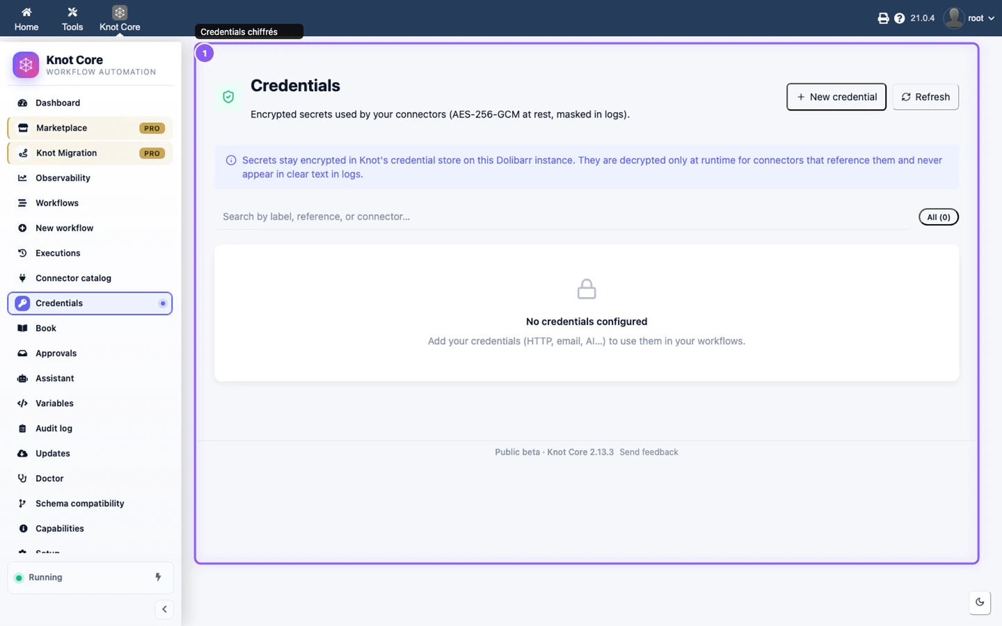 Écran Credentials listant les secrets chiffrés Knot