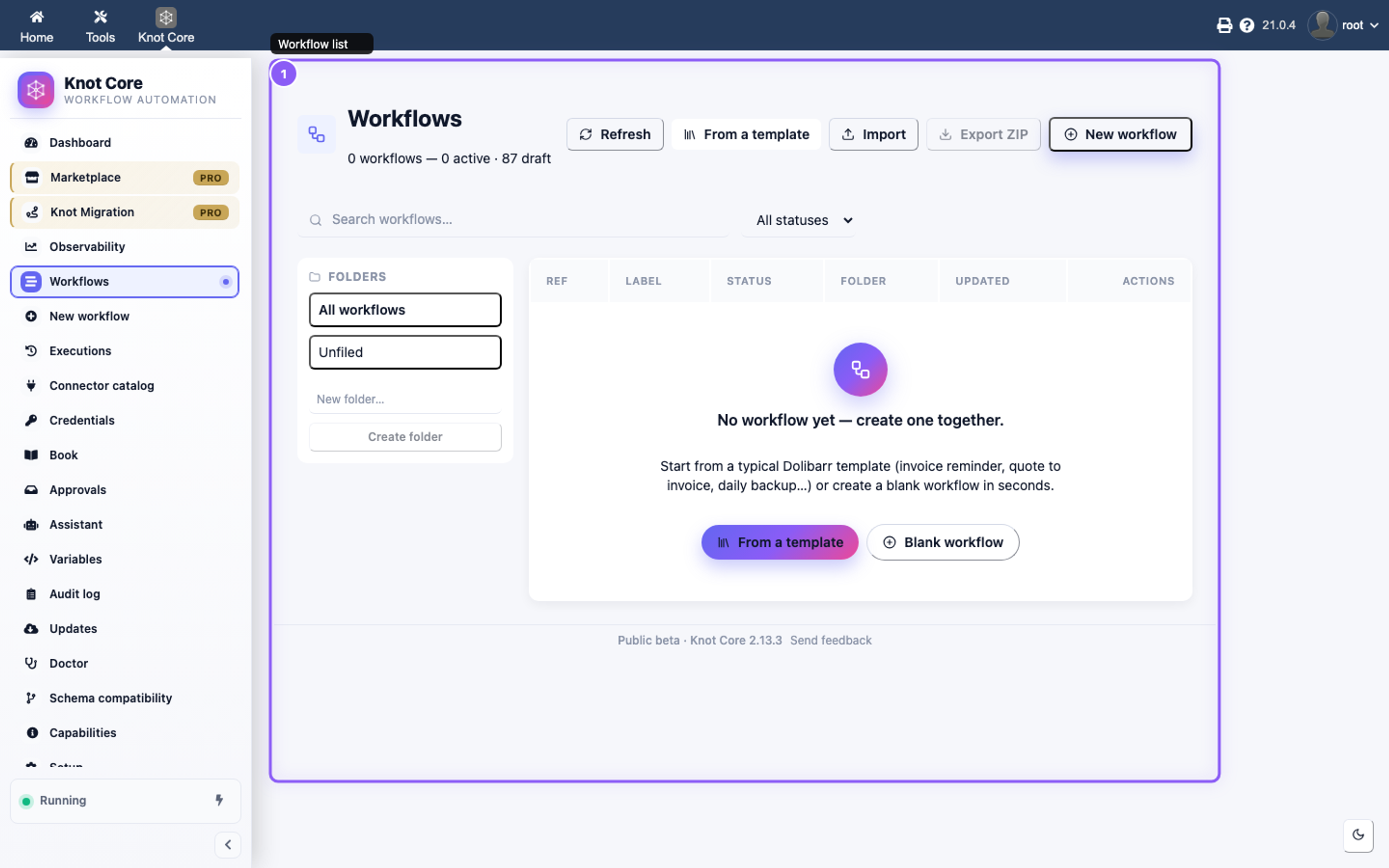 Knot workflow list with create action